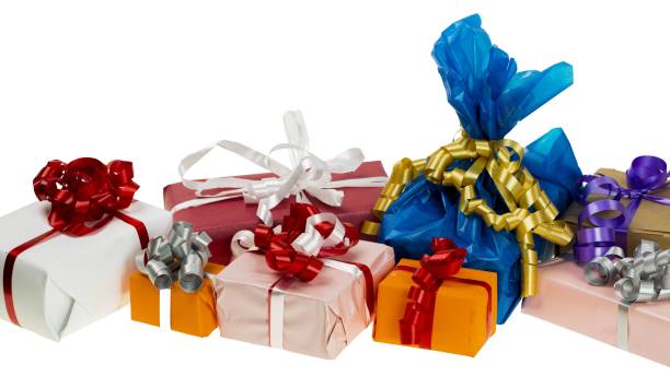 istock Close up view of colorful present boxes on white background. Holidays concept. 1284587407