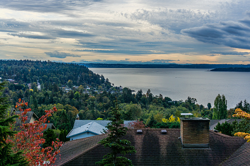 A blanket of clouds hangs over the Puget Sound in Burien, Washington.