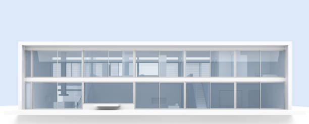 istock frontal view of a one-storey modern house with panoramic transparent windows 1284588558