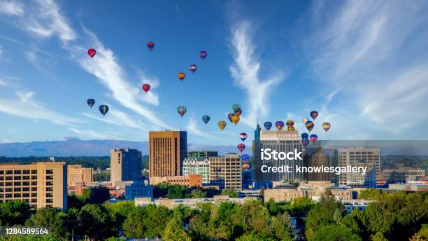 Boise City Skyline With Hot Air Balloons And Blue Sky Stock Photo - Download Image Now