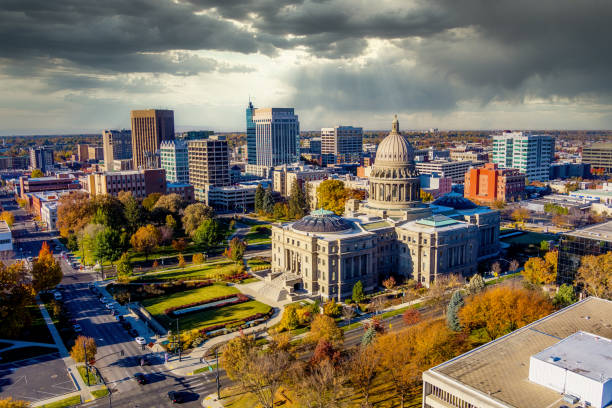 Boise City skyline in the fall with looming clouds stock photo