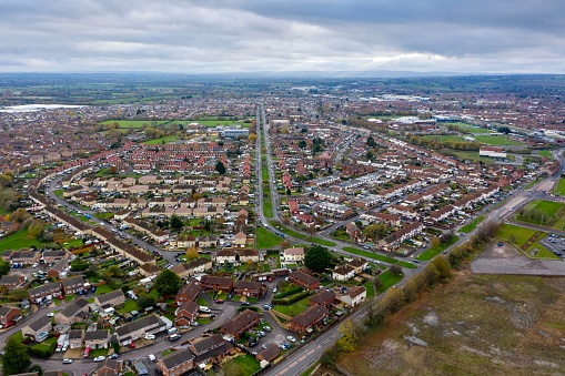 A very overcast autumnal day showing an aerial view up Parkway in Bridgewater Somerset. ￼