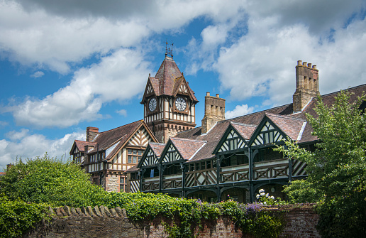 View of the clock tower and alms houses in the ancient market town of Ledbury, Herefordshire, UK
