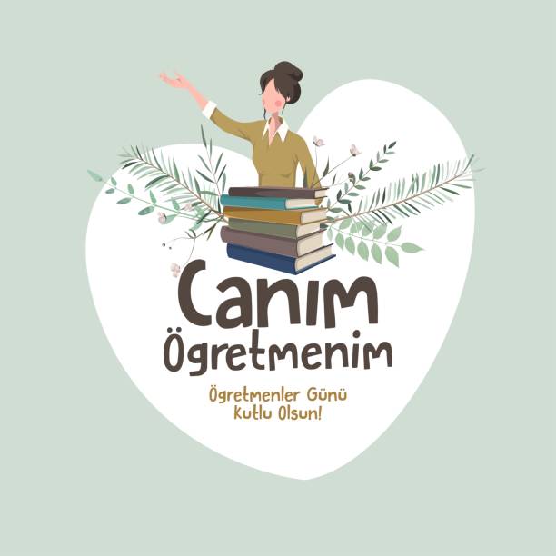 canim ogretmenim, ogretmenler gunu kutlu olsun. übersetze: mein lieber lehrer, glücklicher lehrertag. vektor-feier. ornament, blume, buch, 24. november. - reading and writing classroom alphabet learning stock-grafiken, -clipart, -cartoons und -symbole