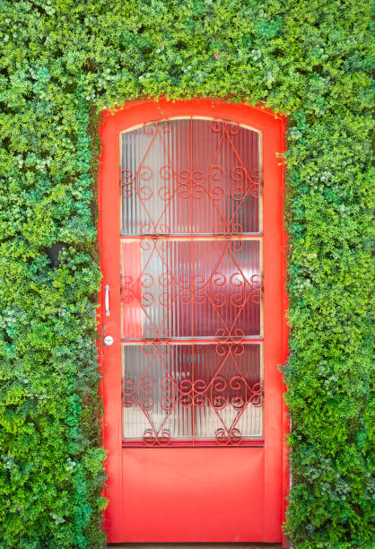 istock Red iron door with vegetation on the side walls 1284591579