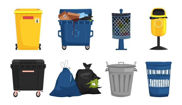 Garbage bins collection Garbage bins collection. Waste containers set. Pictogram, icon, sign. Ecology, environment concept. Editable vector illustration in flat simple style isolated on a white background black trash bin stock illustrations