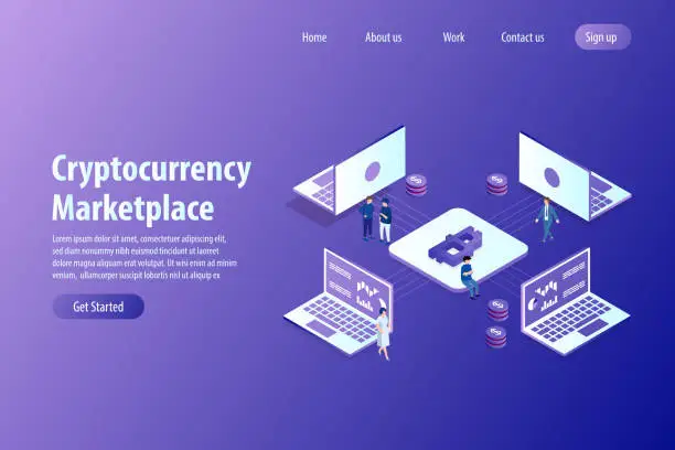 Vector illustration of CRYPTOCURRENCY MARKETPLACE ISOMETRIC DESIGN