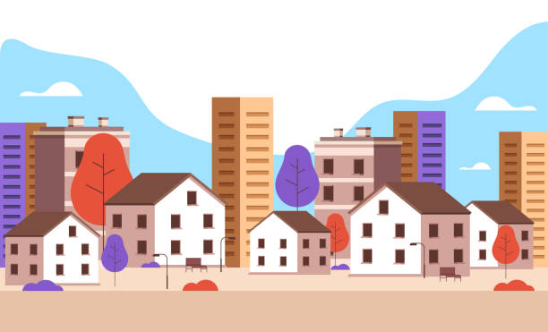 ilustrações, clipart, desenhos animados e ícones de pequeno conceito simples de rua da cidade. ilustração de design gráfico de desenho animado plano vetor - urban scene small city banner