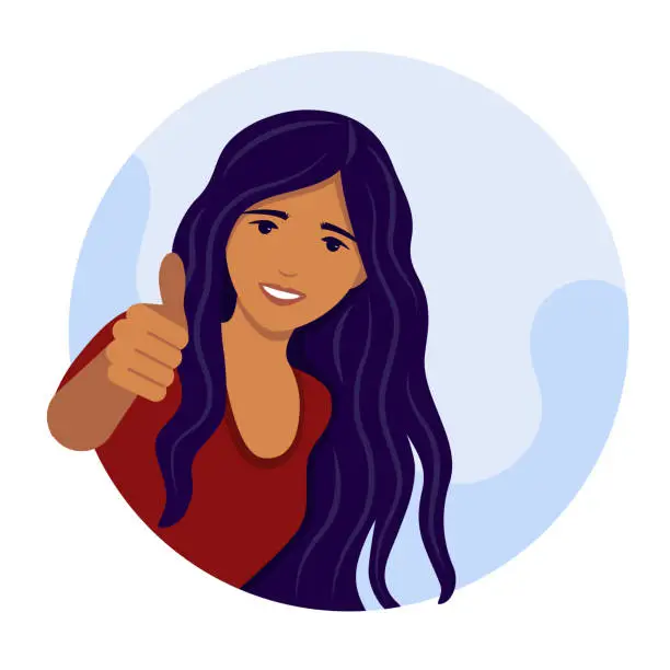 Vector illustration of The girl with long blue hair smiles and gives a thumbs up in approval . Vector illustration .