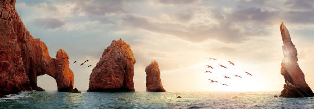 Rocky formations on a sunset background. Famous arches of Los Cabos. Mexico. Baja California Sur. Panoramic image. Banner format. Rocky formations on a sunset background. Famous arches of Los Cabos. Mexico. Baja California Sur. Panoramic image. Banner format. baja california sur stock pictures, royalty-free photos & images