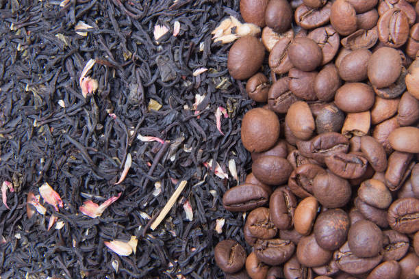 istock tea vs coffee background. close up. mock up 1284605172