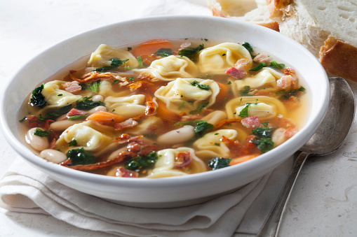 Italian White Bean, Pancetta and Tortellini Soup with Spinach Carrots and Sun Dried Tomatoes