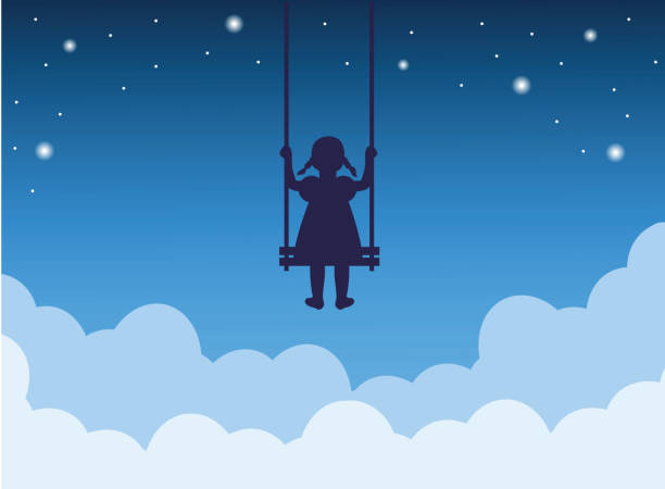 ilustraciones, imágenes clip art, dibujos animados e iconos de stock de niño en un columpio por encima de las nubes - swing child silhouette swinging