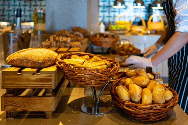 istock cutting board with bread self service table breakfast buffet in hotel catering 1284608414