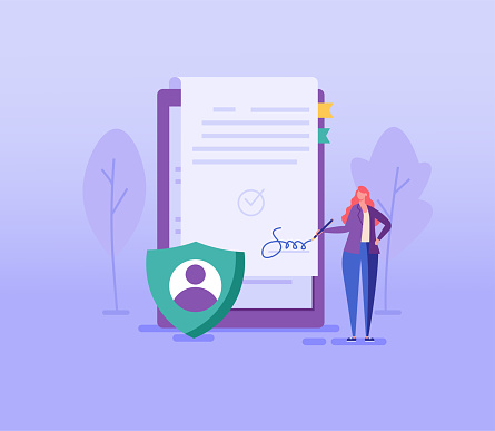 Woman signing user agreement. Concept of terms and conditions, privacy policy, remote transaction, protection of personal data, account security. Vector illustration in flat design