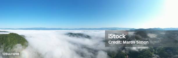 Panoramic Photography Inversion Over A Small Town Stock Photo - Download Image Now - Adventure, Beauty, Beauty In Nature