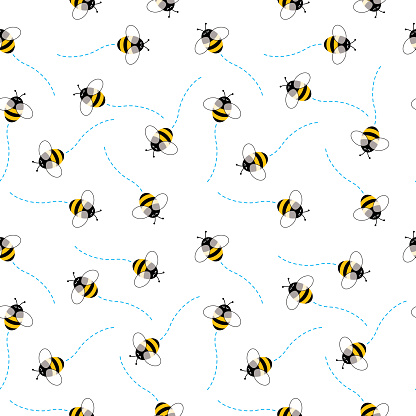 Vector seamless pattern of cute flying bumblebees on a square white background.