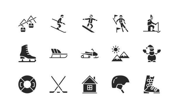 ilustrações de stock, clip art, desenhos animados e ícones de winter sport flat glyph icons set. vector illustration ski resort symbols, included skier, slalom, snowboarder, cableway, equipment. - snowboard boot