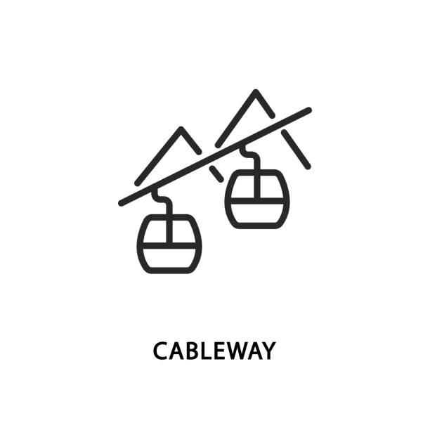 illustrazioni stock, clip art, cartoni animati e icone di tendenza di icona della linea piatta della funivia. illustrazione vettoriale di un simbolo della funivia davanti alle montagne - overhead cable car immagine