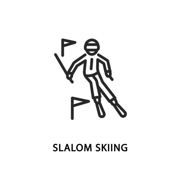 ilustrações de stock, clip art, desenhos animados e ícones de slalom skier flat line icon. vector illustration a person who is skiing down the mountain between flags - slalom skiing