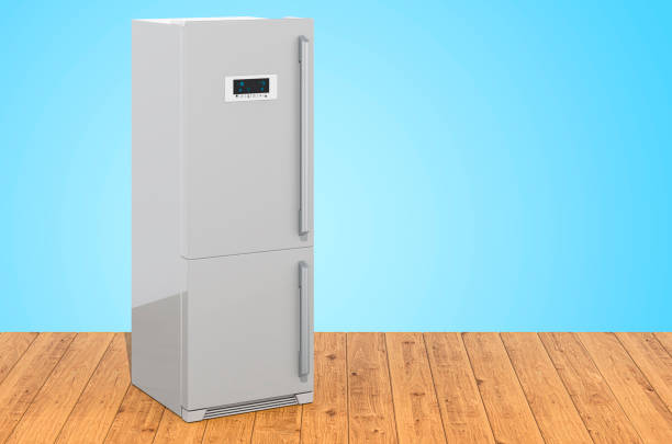 istock Modern fridge on the wooden planks, 3D rendering 1284615582