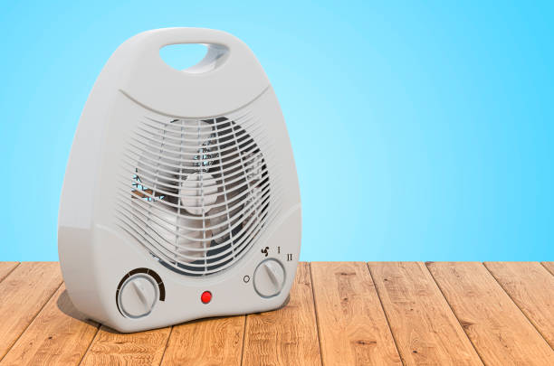 istock Fan heater on the wooden planks, 3D rendering 1284615618