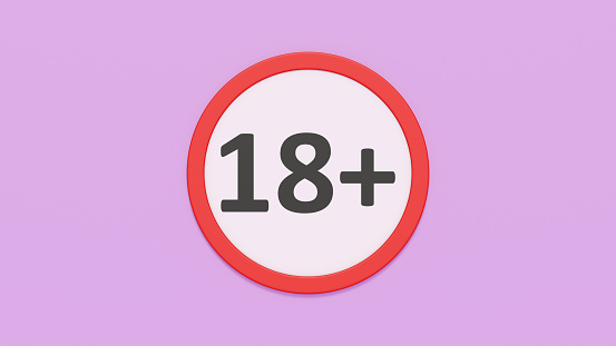 Under 18 years \nNumber eighteen in red crossed circle sign on pink background 3d concept