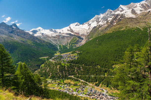 vista panoramica estiva del villaggio turistico di saas-fee e delle montagne circostanti da saas-grund, vallese, svizzera. - larch tree stone landscape sky foto e immagini stock