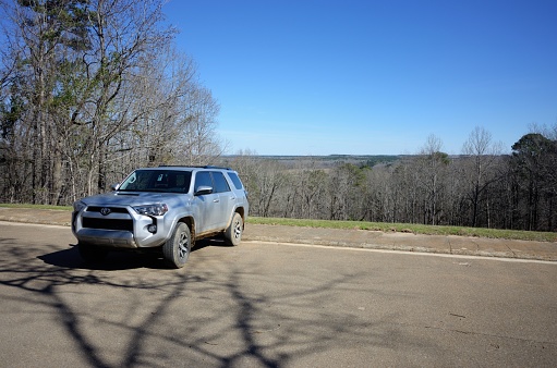 Ackerman, Mississippi - February 8, 2020: Toyota 4Runner parked at the Little Mountain Viewpoint at Jeff Busby Park on the Natchez Trace Parkway near Ackerman, Mississippi.