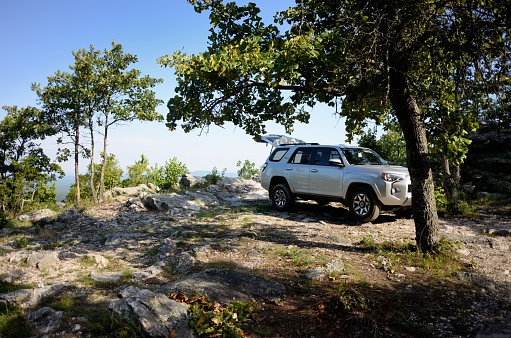 Talladega, Alabama - June 15, 2019: Overlanding campsite with Toyota 4Runner at scenic overlook located along Forest Service Road 600 in the Talladega National Forest near Talladega, Alabama.