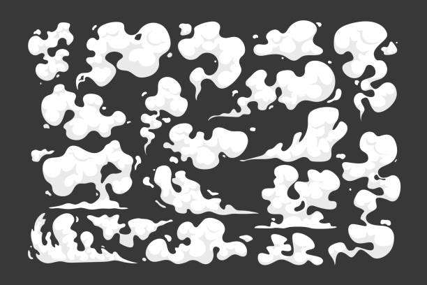 Set of Cartoon Smoke Clouds, White Aroma or Toxic Steaming Vapour, Dust Steam Design Elements, Flow Mist, Smoky Steam Set of Cartoon Smoke Clouds, White Aroma or Toxic Steaming Vapour, Dust Steam Design Elements, Flow Mist, Smoky Chemical Steam Isolated on Black Background. Vector Illustration, Icons, Clip Art photographic effects illustrations stock illustrations