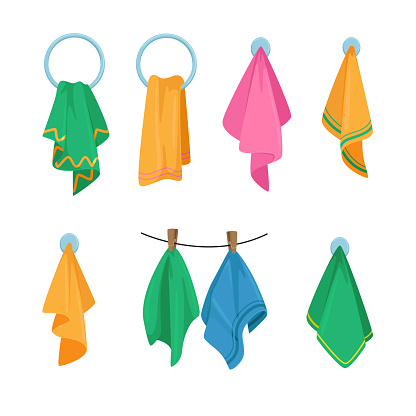 Set of Icons Towels Hanging on Hook, Ring and Rope. Colorful Stylish Bath and Kitchen Fabric, Folded Cloth or Fluffy Textile for Wiping. Clean and Home Decoration Concept. Cartoon Vector Illustration