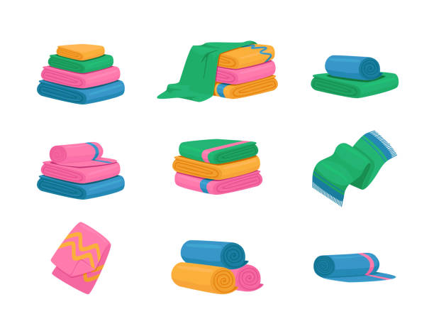 Set of Icons Bath and Kitchen Towels Rolled and Stacked in Piles. Fabric or Cloth, Textile for Wiping and Clean Body Set of Icons Bath and Kitchen Towels Rolled and Stacked in Piles. Colorful Fabric or Cloth, Fluffy Textile for Wiping and Clean Body, Bathroom Decoration, Hotel Stuff. Cartoon Vector Illustration towel stock illustrations