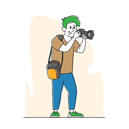 Professional Photographer with Photo Camera and Bag on Shoulder Making Picture. Cameraman Expert Job, Creative Hobby, Traveling or Work Occupation, Male Character Activity. Linear Vector Illustration