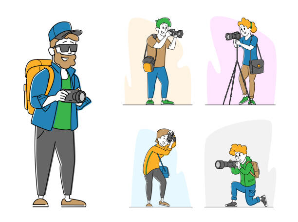 Set Various Photographers with Photo Camera. Creative Profession or Occupation. Female and Male Characters Photographing Set Various Photographers with Photo Camera. Creative Profession or Occupation. Female and Male Characters Photographing Take Photo Shot. Creative Hobby, Traveling. Linear People Vector Illustration moving activity photos stock illustrations