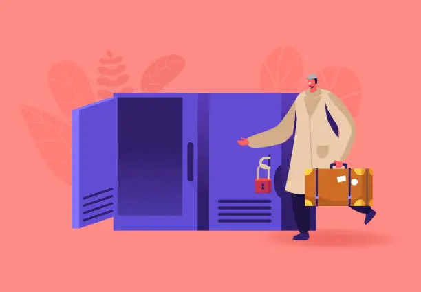 Vector illustration of Male Character with Suitcase Bring Luggage to Storage. Temporary Bags Repository, Lockers in Airport or Railway Station