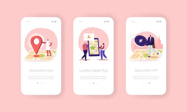 Vector illustration of Gps Navigation Positioning Mobile App Page Onboard Screen Template. Tiny Characters at Huge Location Map, Online App
