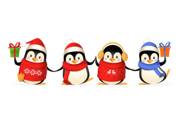 Vector illustration of Cute penguin friends celebrate winter holidays - vector illustration isolated on white background