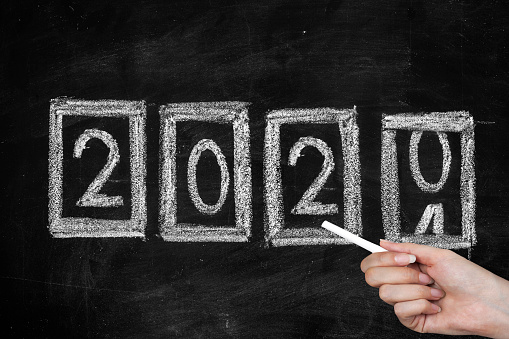 Counter on blackboard showing New Year 2021