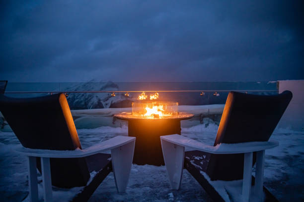 Photo of Outdoor Lounging area with a Fireplace in the Winter time