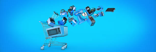istock Many Kitchen Appliance Falling in Shopping Cart. 3d Rendering 1284626815