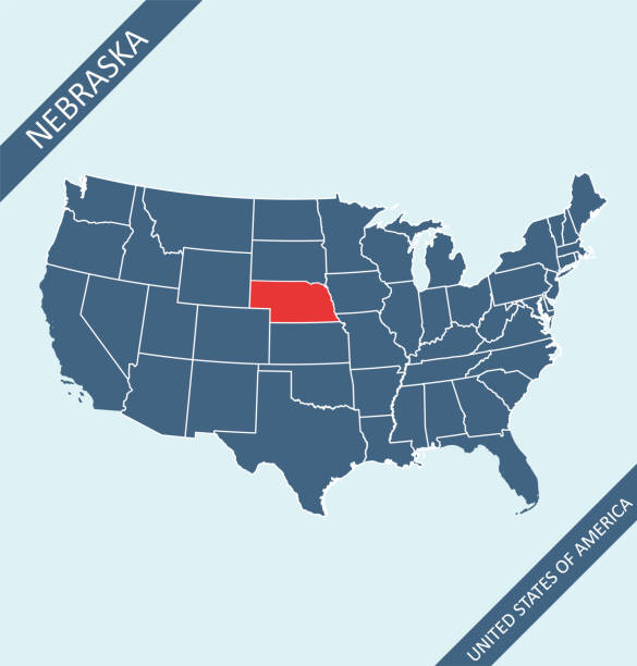 Nebraska location on USA map Highly detailed map of United States of America with highlighted state of Nebraska for web banner, mobile, smartphone, iPhone, iPad applications and educational use. The map is accurately prepared by a map expert. kearney nebraska stock illustrations
