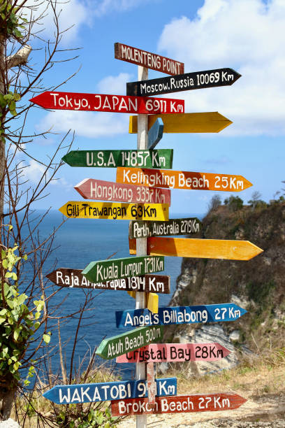 segno di legno colorato con i nomi di punti di riferimento e distanze nel punto di vista rumah pohon molenteng, uno dei luoghi più incredibili dell'isola di nusa penida, bali, indonesia - city of post foto e immagini stock