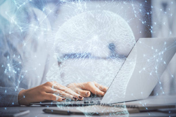 istock Multi exposure of woman hands working on computer and human brain hologram drawing. Ai tech concept. 1284629922