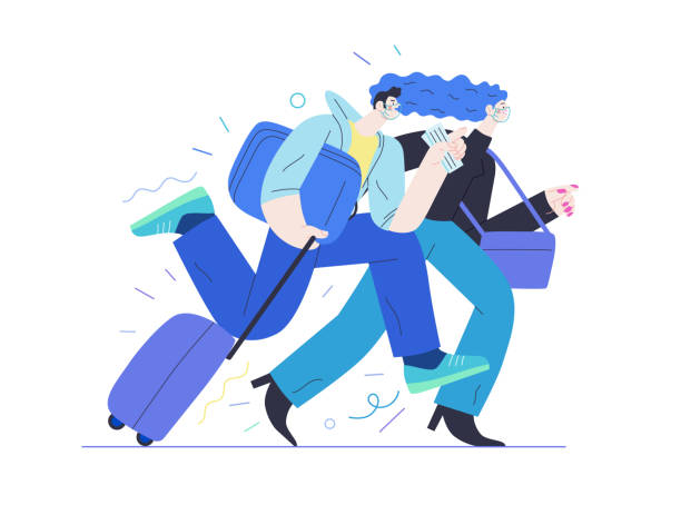 Travel insurance - medical insurance illustration Travel insurance -medical insurance illustration -modern flat vector concept digital illustration - harrying young couple running with suitcases in the airport rush priority baggage tag stock illustrations