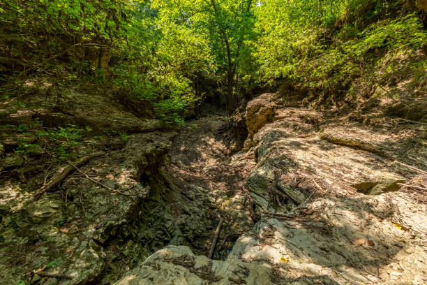 A dried up river bed in an area where a waterfall flows in the wet season.