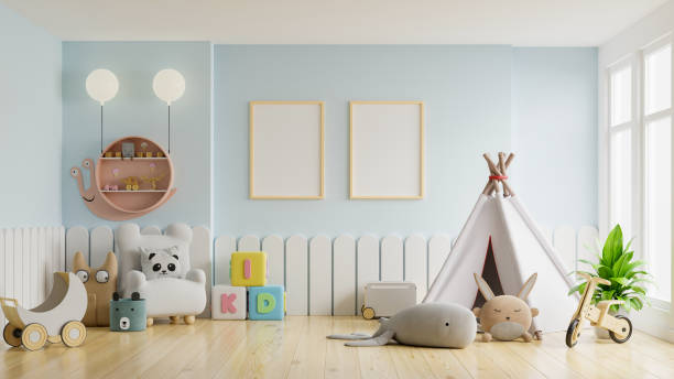 istock Mock up poster frame in children room. 1284633714