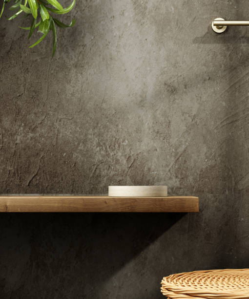 Pedestal for natural cosmetic product presentation. Stone and wood cylinders with plant leaves. 3d illustration stock photo