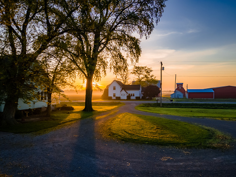 A low aerial photo via drone looking at a green and a white farmhouse on an early summer morning with sun rays coming around a tree in rural northwest Ohio