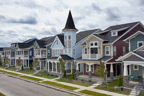 Row of modern suburban houses in a neighborhood stock photo